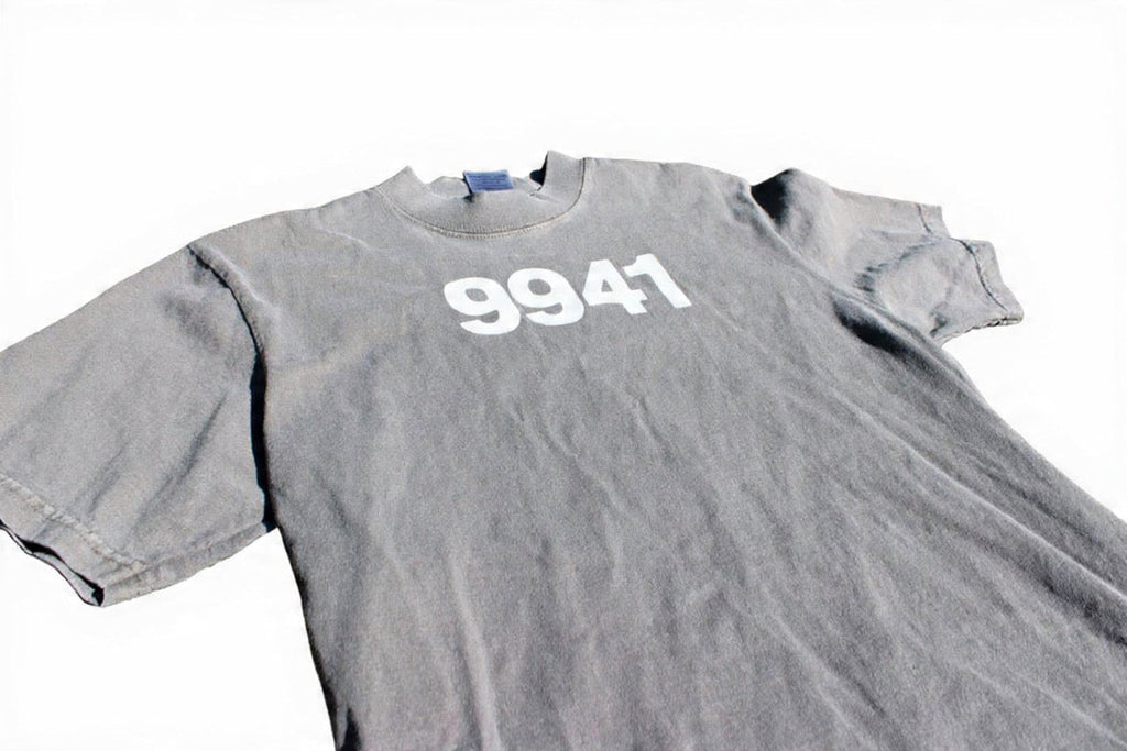Gray t-shirt with '9941' printed on it against a white background